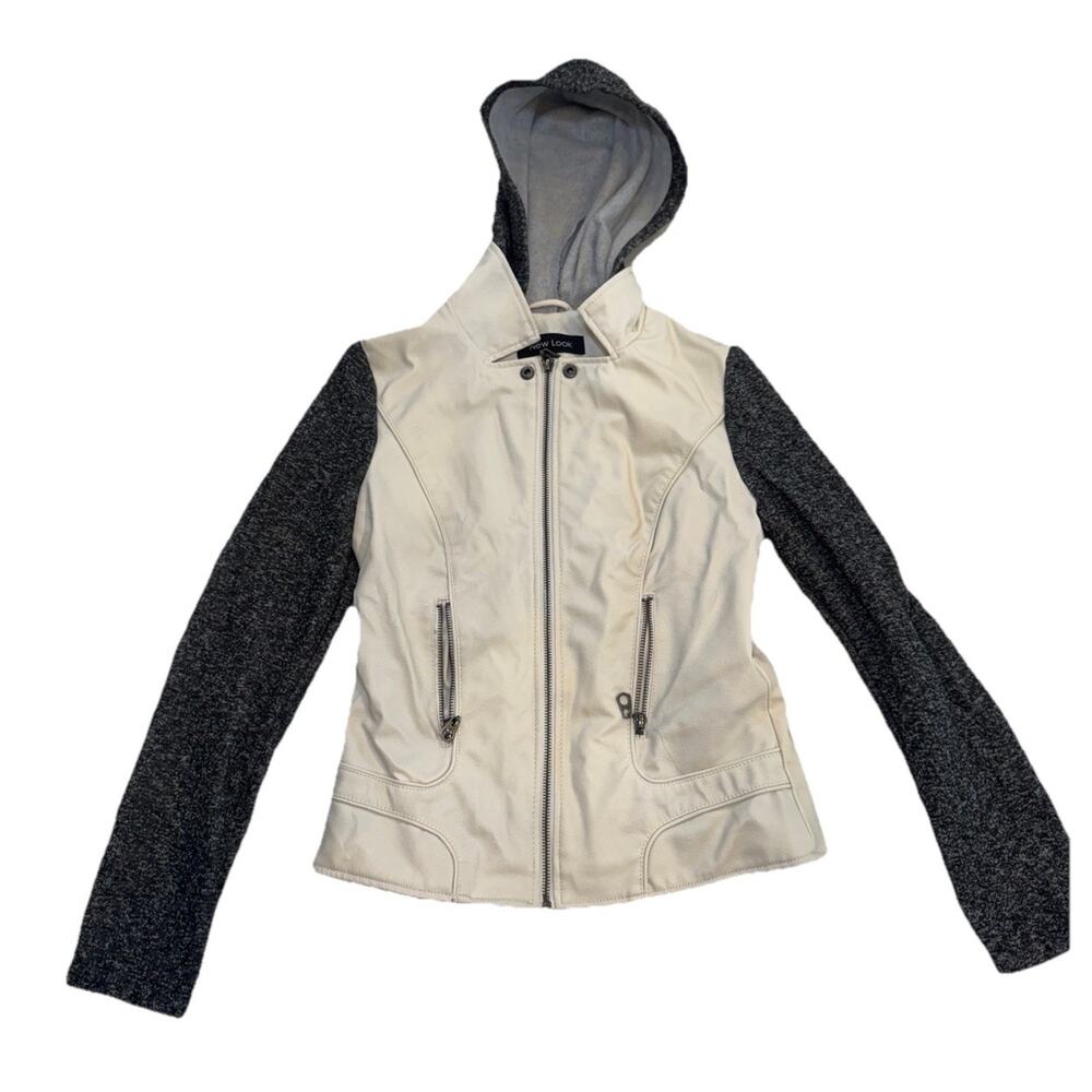 New Look Womens Small Hooded Moto Jacket Faux Leather Cream Gray Zip Pockets